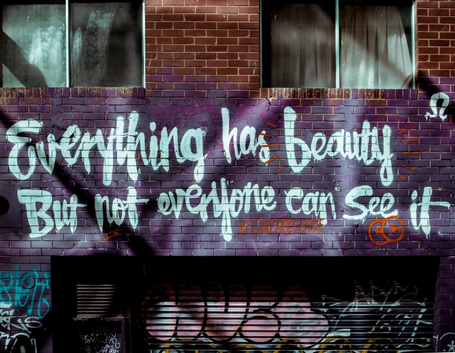 Street art on a brick wall reading 'Everything has beauty, but not everyone can see it'